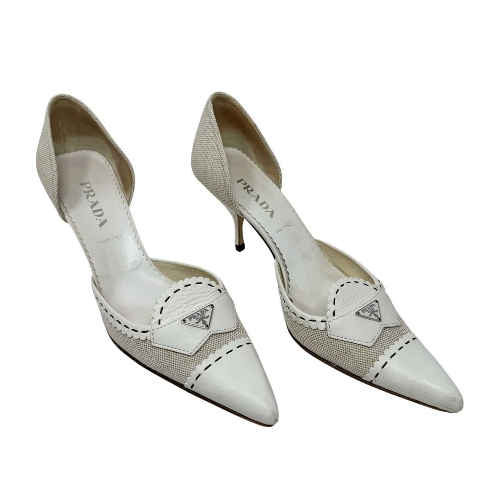 Prada Vintage Y2K D’Orsay Kitten Heel Pump White Canvas Triangle Logo EU 37.5